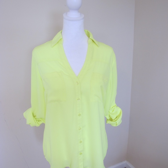 Express Tops - Express Women's Portofino Collared date night Shirt top Size S neon yellow EUC